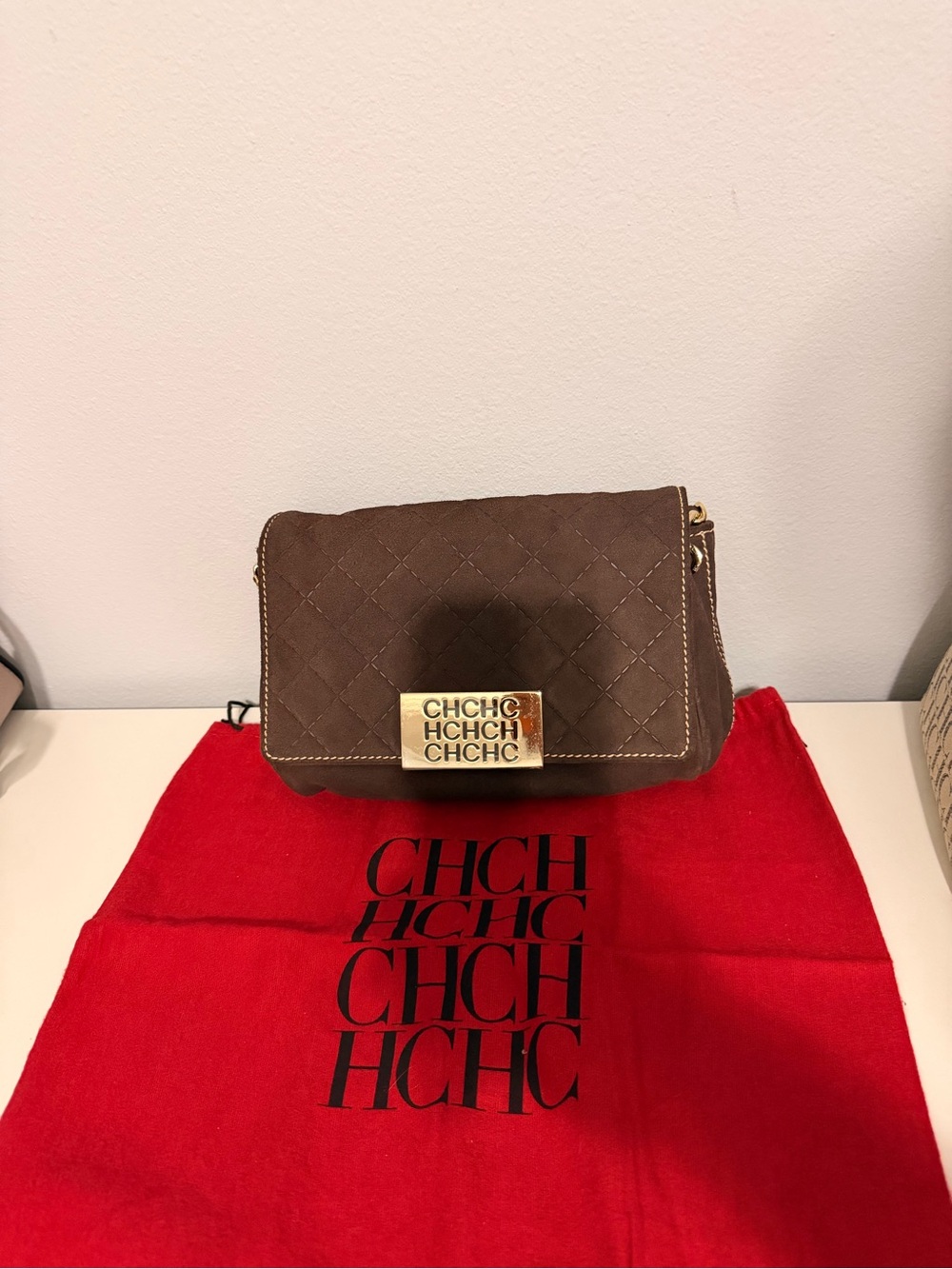 Carolina Herrera Brown Quilted Suede Crossbody with Gold CHCH Plate